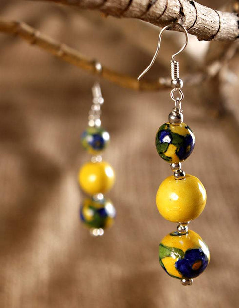 Blue Pottery 3 Bead Earrings (Yellow)